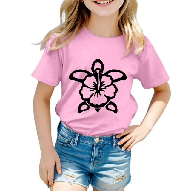 Chemises Filles Garçon Fille Mode Décontractée Imprimé Col Rond Manches Courtes T-Shirt Haut Filles Hauts Rose 4 Ans-5 Ans