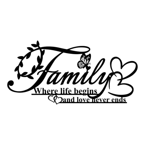 ESTART Black Metal Family Sign, Where Life Begins and Love Never Ends, Heart & Butterfly Wall Decor for Living Room, Bedroom & Kitchen,17.7"L x 8.7"W