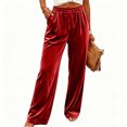 thumbnail image 2 of Women's Soft Velour Wide Leg Pants Drawstring Elastic Waist Loose Palazzo Trousers with Pockets Casual Party Loungewear Trousers Red, 2 of 9