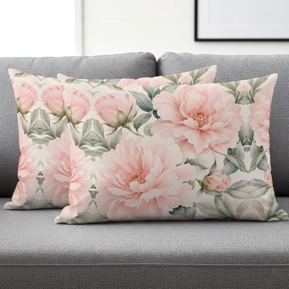 Set of 2 Pink Peonies Pillow Covers 12x20 Inch, Botanical Romantic Pink Floral Buds Dense Leaf Decorative Throw Pillow Cases Cotton Cushion Covers for Sofa Couch Bed Living Room Bedroom Home Decor