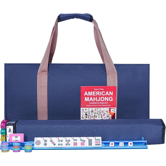 American Mahjong Game Set, 166 Premium White Tiles, 4 All-in-One Color Rack/Pushers, Complete Mahjong Set Blue Carrying Bag