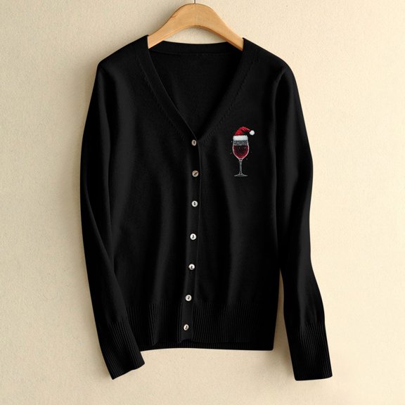 GUZOM Sweaters Womens Christmas Cardigan Sweater - Black Acrylic, Loose V-Neck with Santa Hat Wine Glass Graphic, Size S-XXXL, Festive Holiday Daily Wear for Walmart Shoppers,Size M