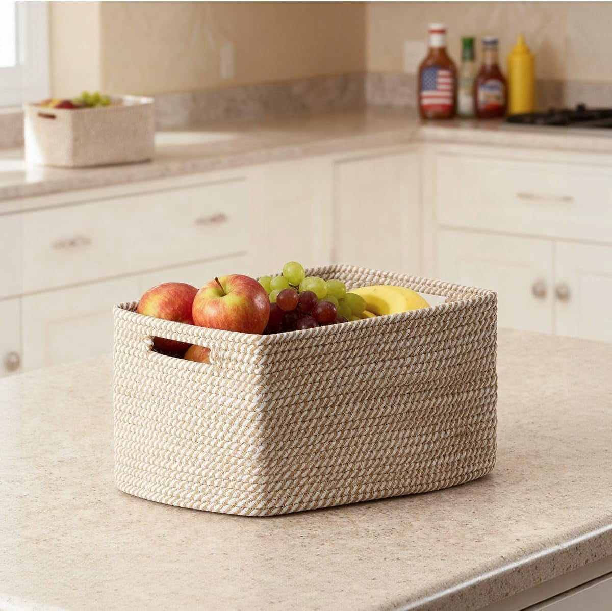 5-Pack Woven Shelf Storage Baskets, Cotton Rope Organizer Bins for Toys Books Clothes Closet Nursery Bathroom, Khaki and White