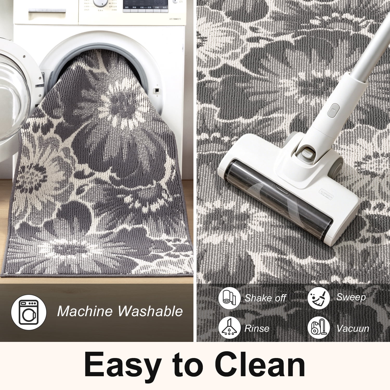 Findosom Runner Rug for Hallway 2x8 ft,Non-slip Machine Washable Runners Flower Floor Mats Low Pile Carpet Rug Runner with Rubber Backing for Entryway Doormat Bathroom Kitchen Laundry Room,Gray