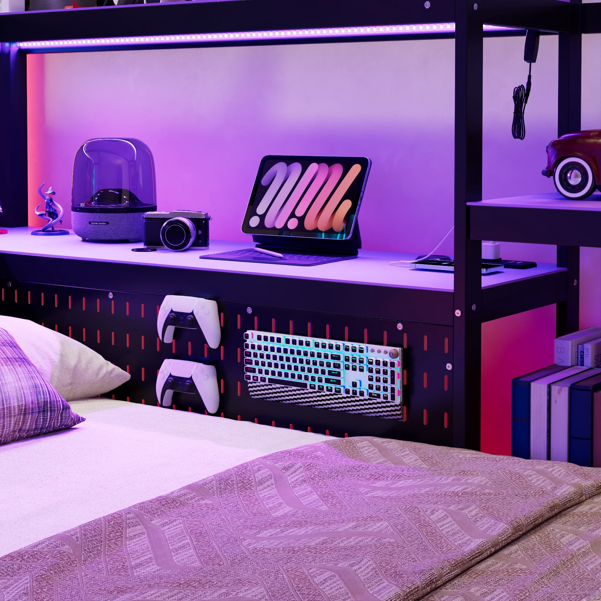 Mintazer Twin LED Gaming Daybed Storage Platform Bed with Charging Station & Integrated Desk Bookshelves and 3 Drawers for Kids Teens, Black+Purple