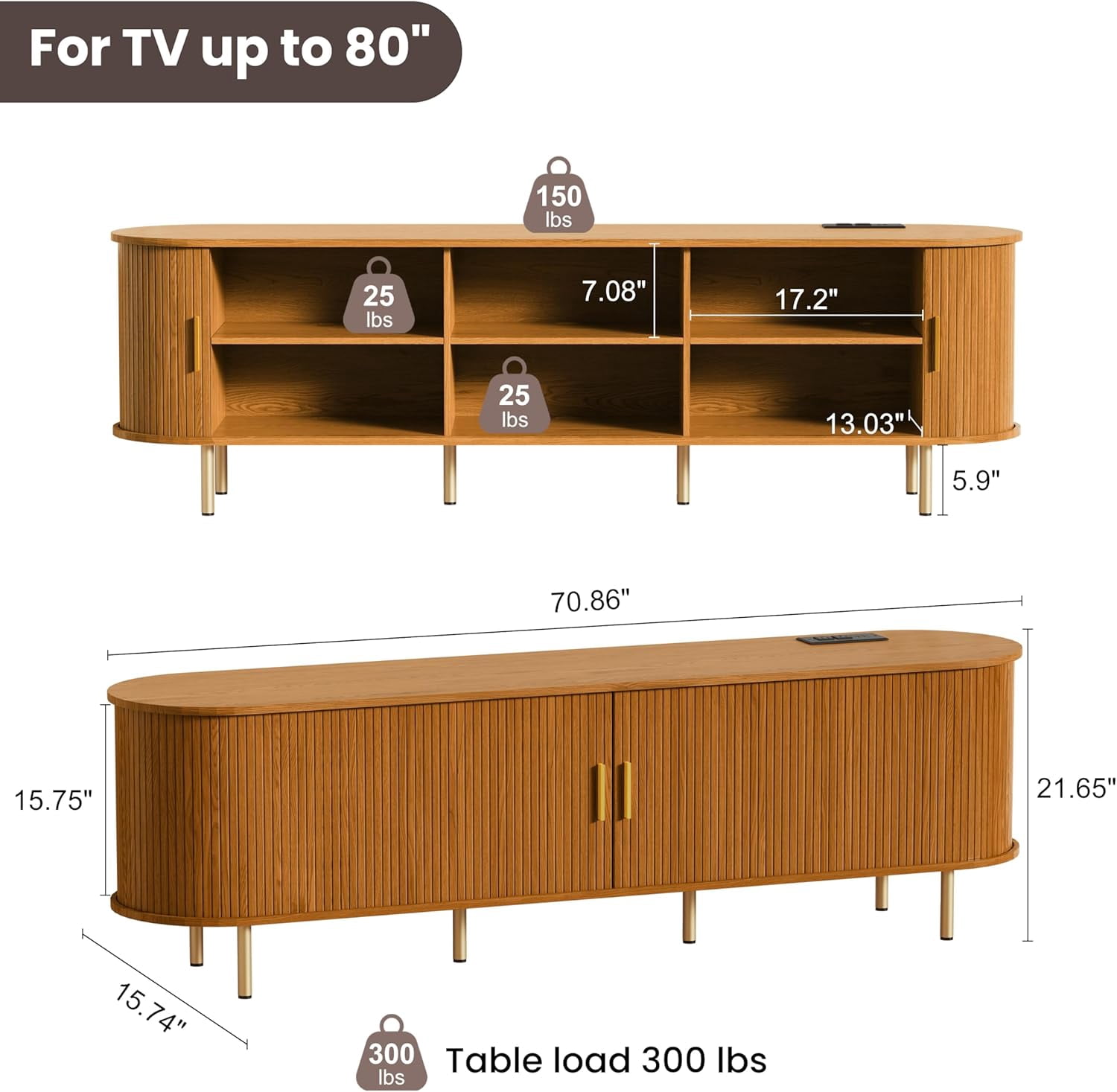 TV Stand with Power Outlet for TVs up to 75 Inch, Modern Entertainment Center with Storage, Adjustable Shelves & Sliding Doors, Media Console for Living Room Bedroom (Yellow Walnut, 71 Inch)