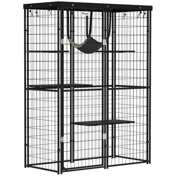 PawHut Catio Outdoor Cat Enclosure, Metal Cat Cage with Cover, 4 Platforms