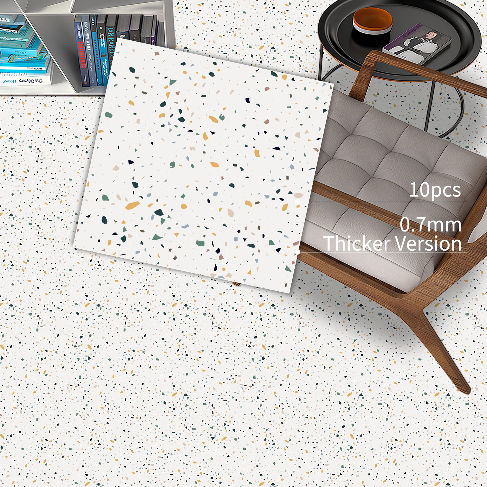 DEWOO Peel and Stick Floor Tile, 10-Sheet 12 x 12in Covers 10 Sq.ft, Waterproof Vinyl Flooring Tiles Self Adhesive for Kitchen, Bathroom & Bedroom - Modern Terrazzo