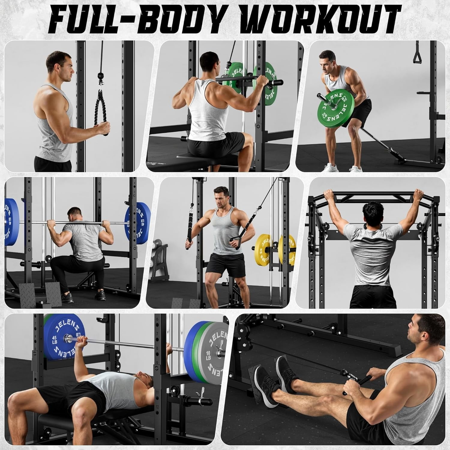 Squat Rack for Home Gym, 2000LBS Power Rack with Adjustable Pulley System, Power Cage Workout Equipment with LAT Pulldown and Training Attachment