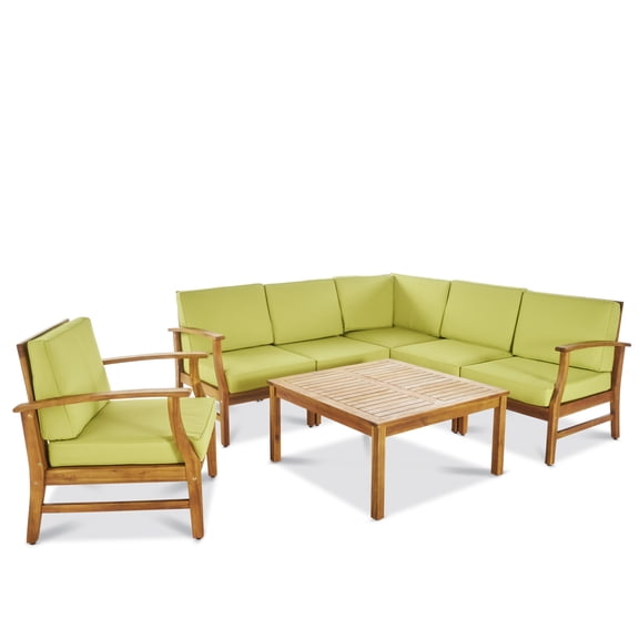 GDF Studio Abena Outdoor Acacia Wood 6 Seater Sectional Sofa and Club Chair Chat Set with Cushions, Teak and Green