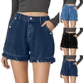thumbnail image 2 of Ruffle Hem Jean Shorts for Women Stretchy Loose High Waisted Casual Denim Shorts with Pockets, 2 of 6