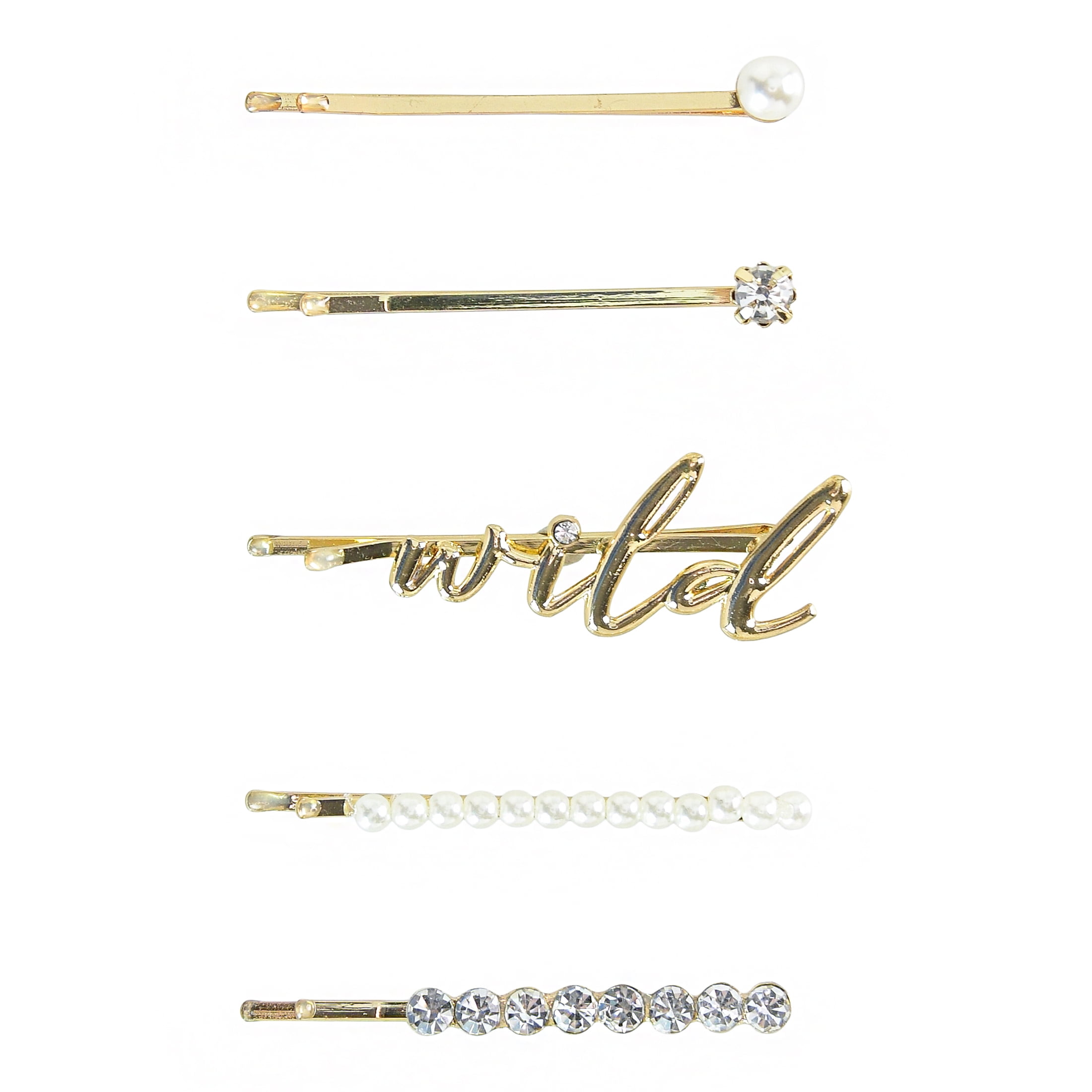 Wild Primrose by Scunci Decorative Bobby Pin Slide Barrettes for Styling All Hair Types in Mixed Gold, Rhinestone, and Pearl Styles, 5ct