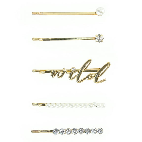 Wild Primrose by Scunci Decorative Bobby Pin Slide Barrettes for Styling All Hair Types in Mixed Gold, Rhinestone, and Pearl Styles, 5ct