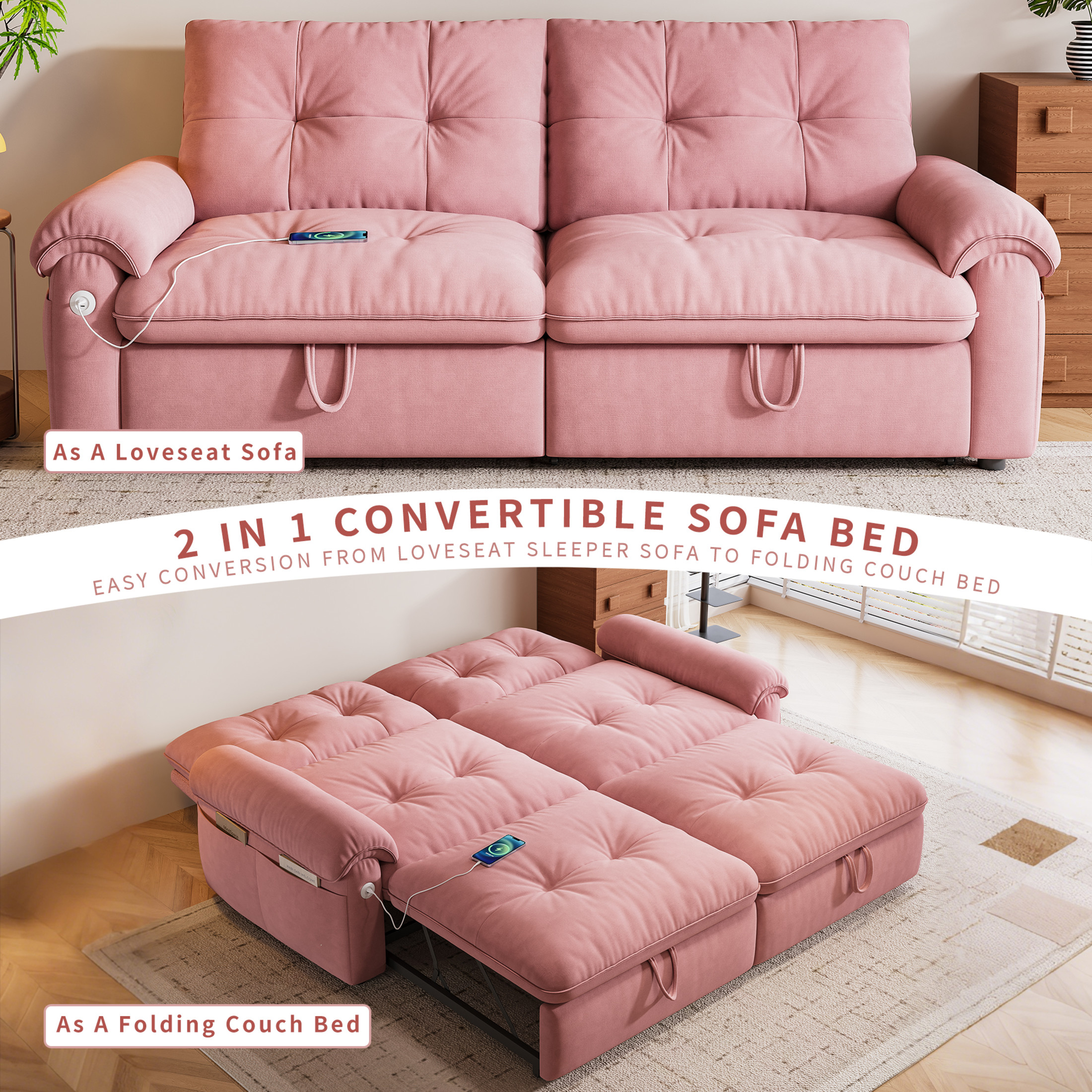 Noble House 77" Modern Velvet Convertible Sofa Bed, Pull Out Loveseat with Adjustable Backrest & USB Ports, Pink