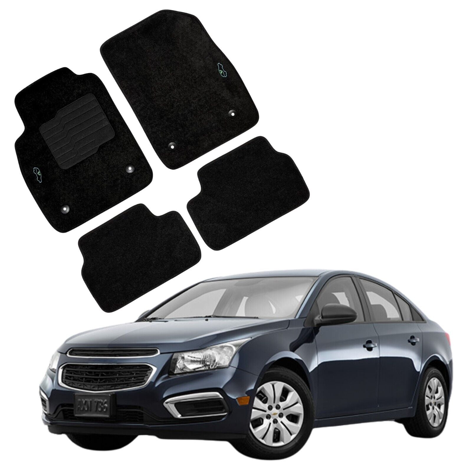 Carpet Floor Mats Custom Fit for 2011 to 2016 Chevrolet Cruze with Heel Pad and Safety Locks, Front and Rear, Black