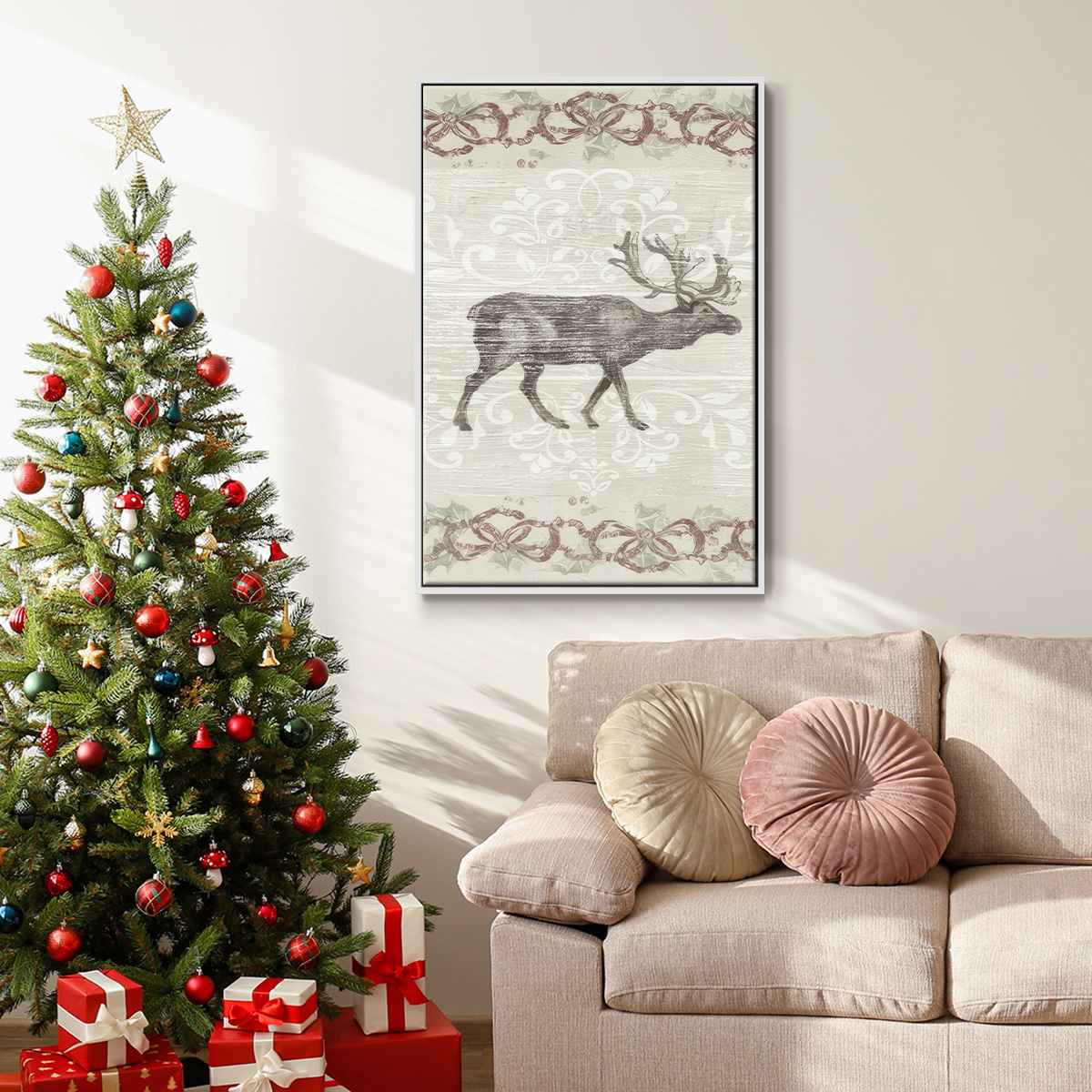 Cabin Christmas Collection B - Framed Gallery Wrapped Holiday Canvas - 27 x 41 - White Frame
