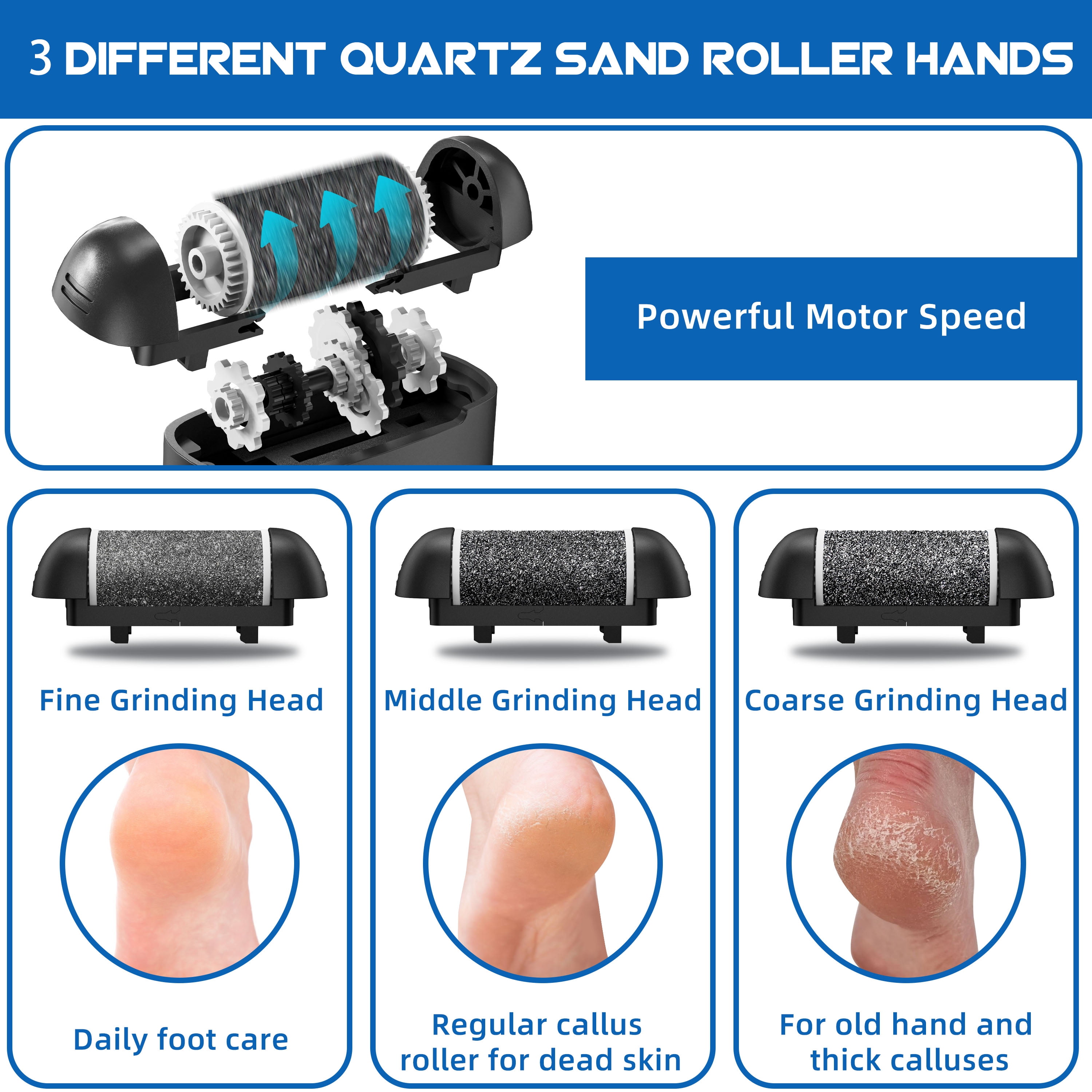 Yoovee Electric Callus Remover for Feet, Portable Foot File Pedicure Tools, Waterproof 18 in 1 Kit for Cracked Heels, Calluses, Dead Skin, with 3 Roller Heads, 2 Speed, Perfect Hands Scrubber