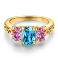thumbnail image 3 of Gem Stone King 18K Yellow Gold Plated Silver Swiss Blue Topaz and Pink Moissanite Filigree Style 3 Stone Ring for Women (2.42 Cttw, Oval 8X6MM and 6X4MM, Available in Size 5, 6, 7, 8, 9), 3 of 5