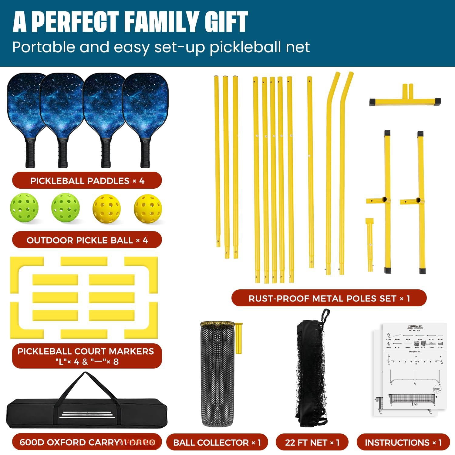 Portable Pickleball Net Set  22 Ft Regulation Size Pickle Ball With Collector 4 Balls And Carry Bag Easy Setup For Outdoor Indoor Driveway