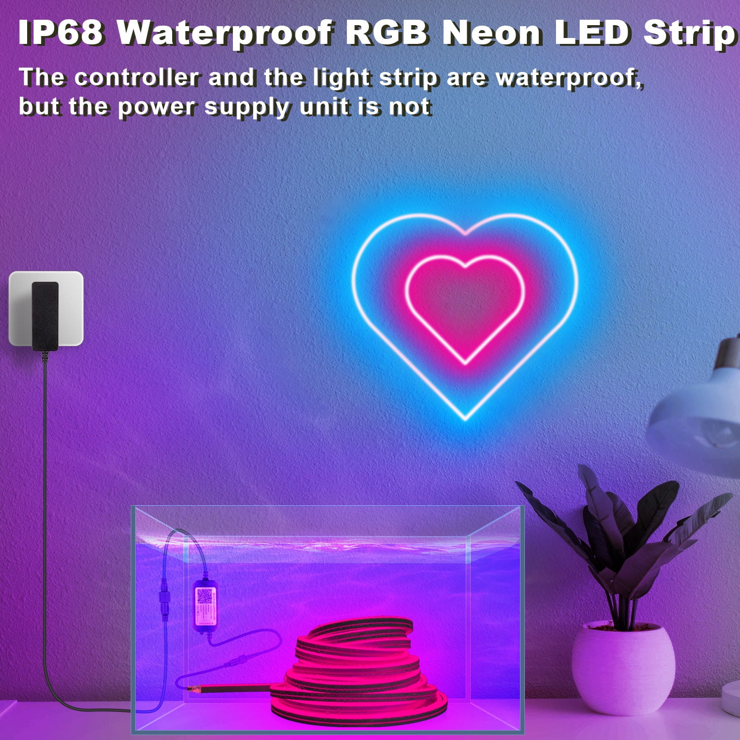 Gliztech 66FT Neon LED Strip Outdoor, IP68 Waterproof WiFi Neon Rope Light Compatible with Alexa, 24V RGB Music Sync Silicone LED for Bedroom, Party, Patio Decoration