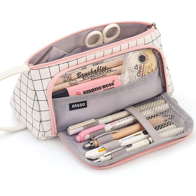 Grande Capacité Pochette de Rangement en Toile Colorée Porte-Stylo Trousse Simple pour Papeterie pour Collège Lycée Bureau Étudiant Fille Femme Adulte Adolescent Cadeau Carreaux Blancs