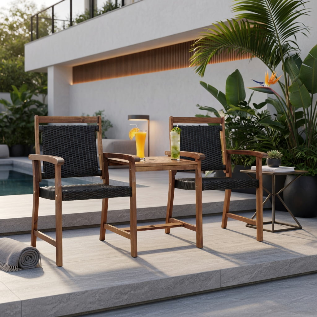 Hommoo 2-Piece Outdoor Patio Seating Set with Acacia Wood Frame & PE Rattan Chairs + Coffee Table, All-Weather Garden Sofa Set for Deck, Backyard, or Balcony, Reddish Brown