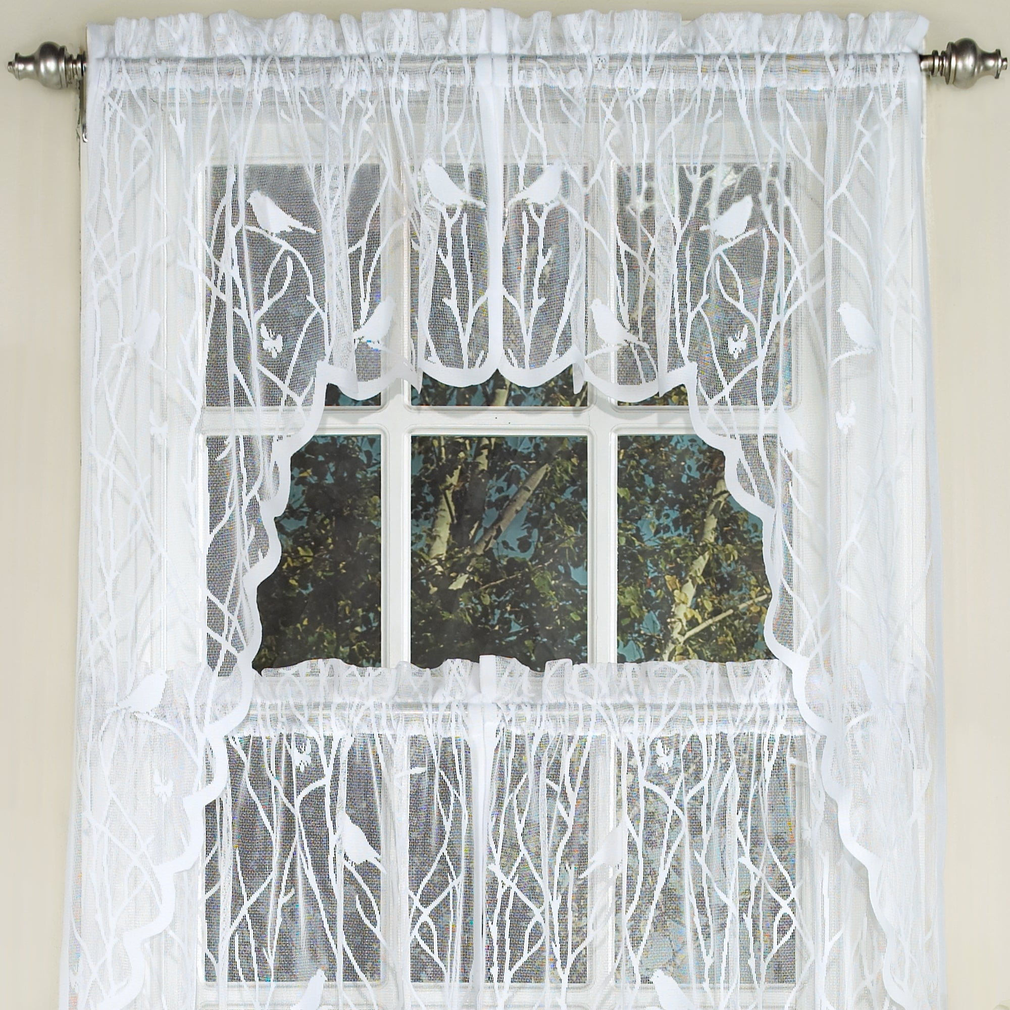 Sweet Home Collection White Knit Lace Bird Motif Window Curtain Tiers