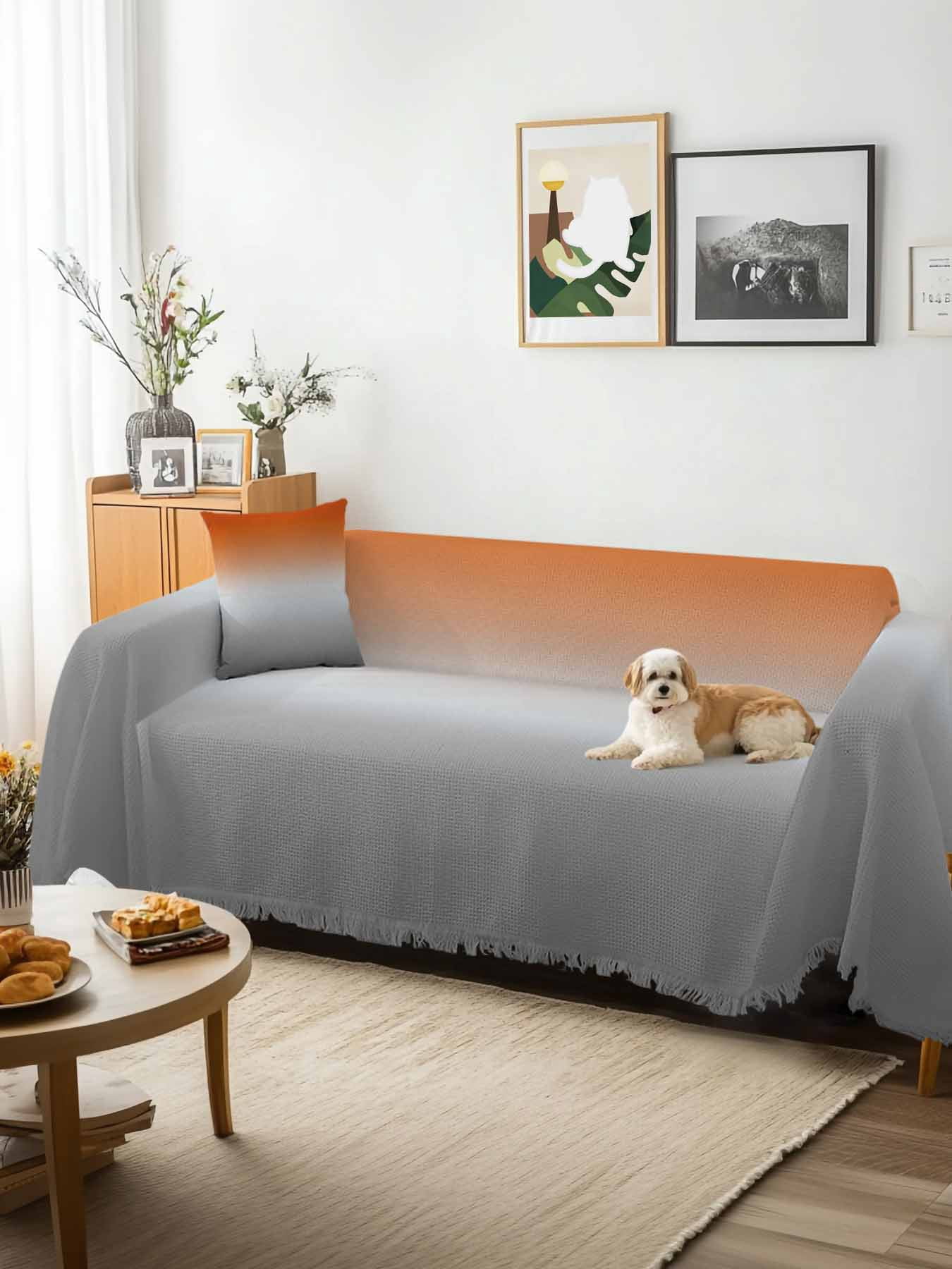 Burnt Orange Gray Ombre Couch Cover, Modern Gradient Abstract Art Oversized Sofa Cover Blanket for 3 Cushion Couch, Sectional Sofa Slipcover Furniture Protector for Living Room Bedroom 71''x150''