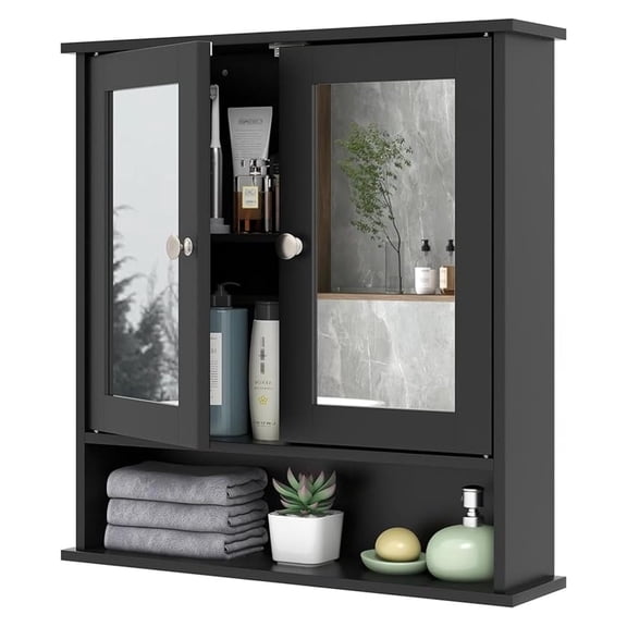 Byroce Bathroom Medicine Cabinet, Bathroom Wall Cabinet with 2 Mirror Doors & Adjustable Shelf, Over Toilet Storage, Wood Wall Mounted Storage Cabinet for Laundry Room, Living Room, Kitchen (Black)