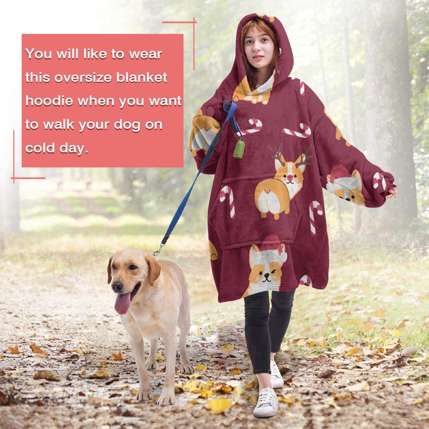 Christmas Corgi Wearable Oversized Blanket,Wearable Blanket Hoodie for Adults,Cozy Hooded Blankets with Super Pockets,Super Warm Fuzzy Pullover for Women & Men