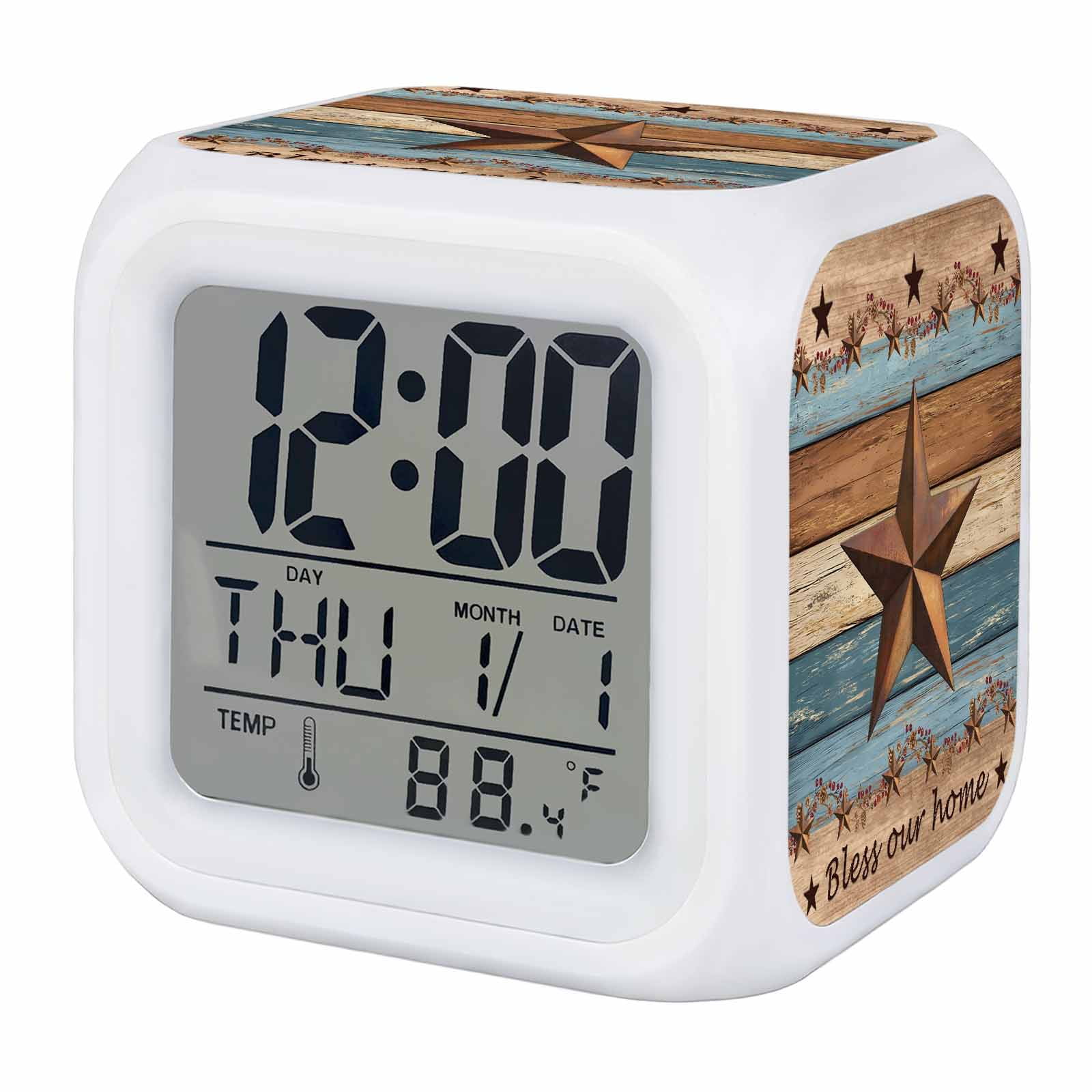 Alarm Clocks Mist Blue Wood Grain Digital Clock 7 Color LED Night Light Silent Non-Ticking Battery Operated Farmhouses Barn Star Berry Cube Clocks for Bedroom Bedside Living Room Office School