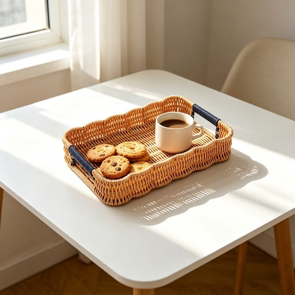 Wicker-Style Serving Tray with Handles, Woven Storage Basket for Kitchen Fruit Display, Decorative Tabletop Organizer for Home and Living Room