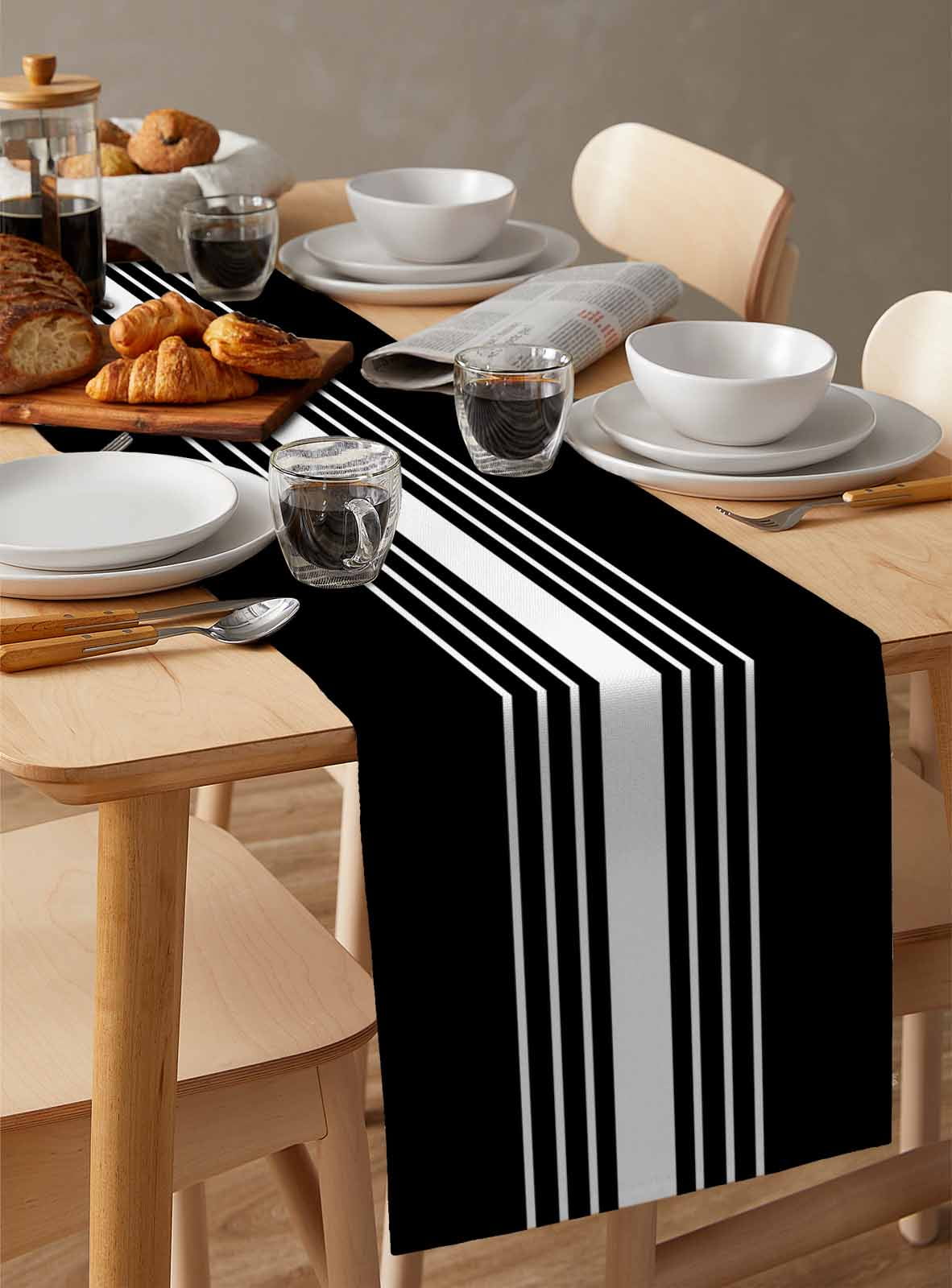 Modern Black White Striped Table Runner-70 Inch Long Abstract Minimalist Art Table Runners Linen Burlap Tablerunner for Kitchen Dining Room Holiday Party