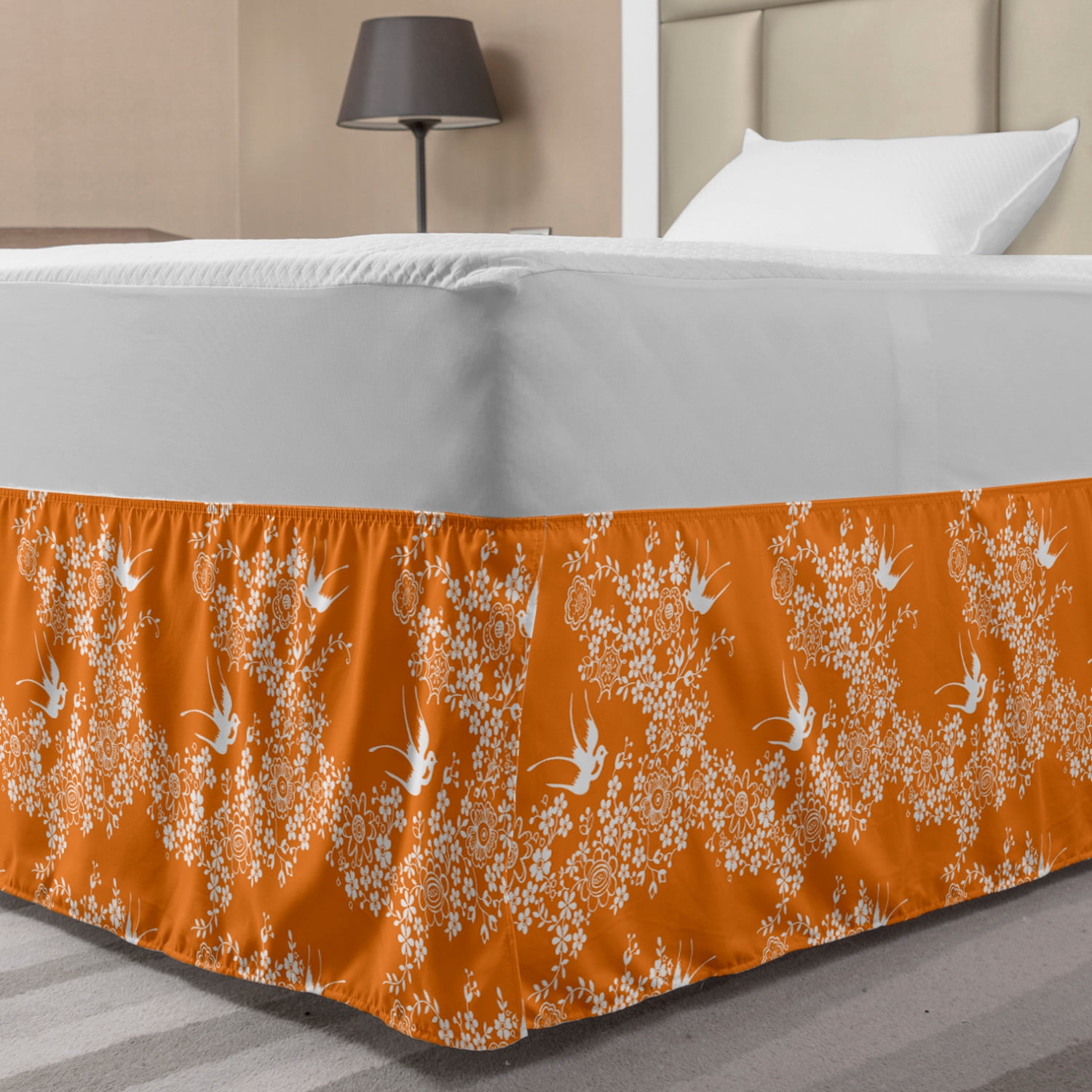 Japanese Bed Skirt, Oriental Floral Japanese Style Flying Birds Pastel