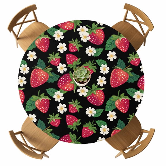Round Fitted Tablecloth with Elastic Black Strawberry Tablecloths Waterproof Oil Proof Cute Floral Fruit Table Cover for Kitchen Dinner Holiday Party Picnic Fits Tables up to 36"- 44" Diameter