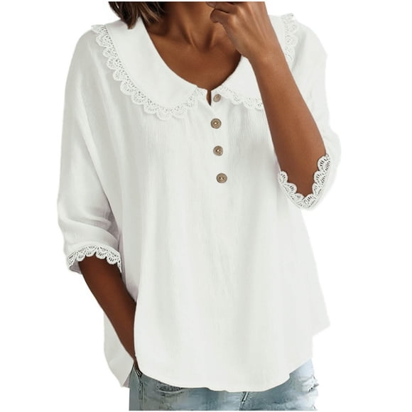 Chemise Décontractée Élégante en Lin Uni avec Boutons et Dentelle pour Usage Quotidien