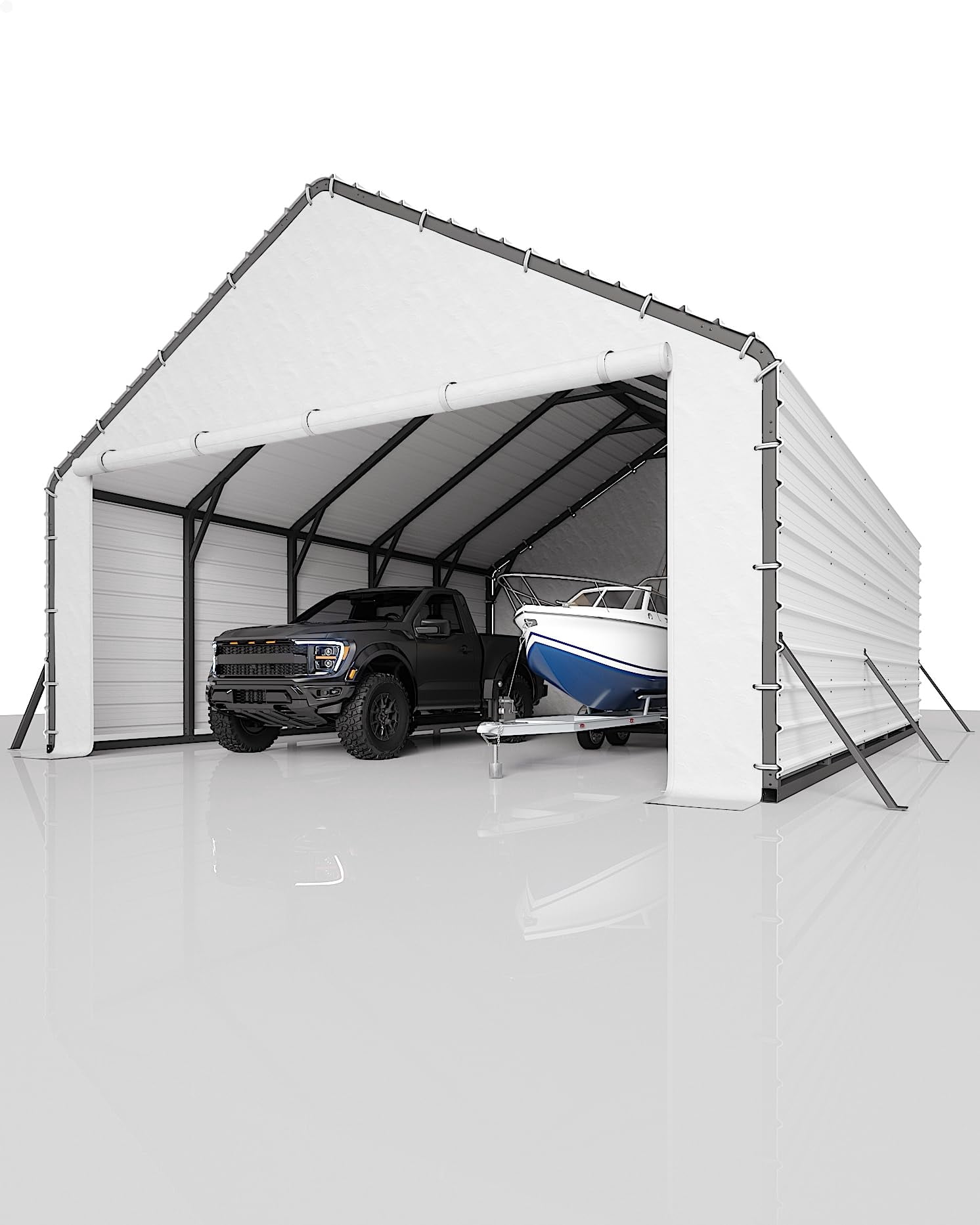 Heavy-Duty PE Enclosure Kit (2-Pack) for Metal Carport - 220gsm Roll-Up Zipper Door Panels for 20x25, 20x20 ft, with Ball Bungees, White