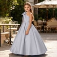 thumbnail image 6 of Jinhomg Girls One Shoulder Formal Maxi Dress Junior Bridesmaid Bow Shoulder Satin Dresses Flower Girl Wedding Guest Ball Gown 2-14 Years Silver, 6 of 7