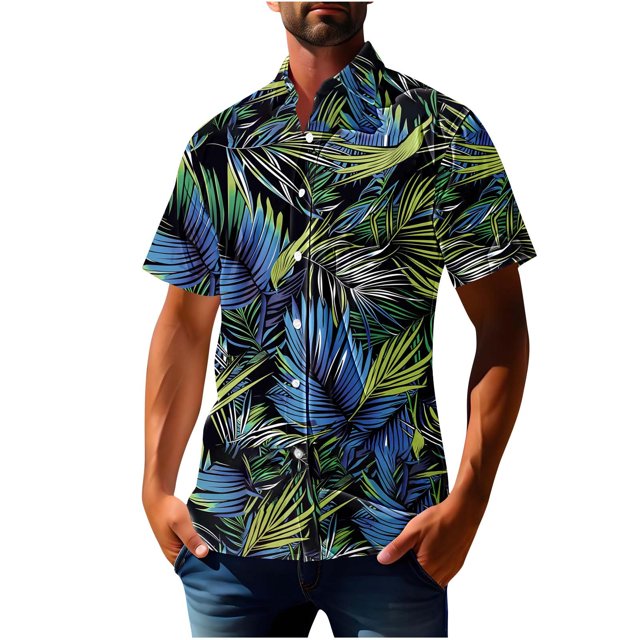 Blusa y camisa de manga corta con cuello vuelto para hombre, blusa informal con botones y estampado hawaiano, blusa de manga corta con cuello vuelto para hombre