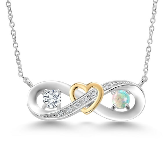 Gem Stone King 925 Silver and 10K Yellow Gold White Simulated Opal and Lab Grown Diamond Two-Tone Heart Interlocking Infinity Symbol Pendant Necklace for Women (0.58 Cttw, with 18 inch Chain)