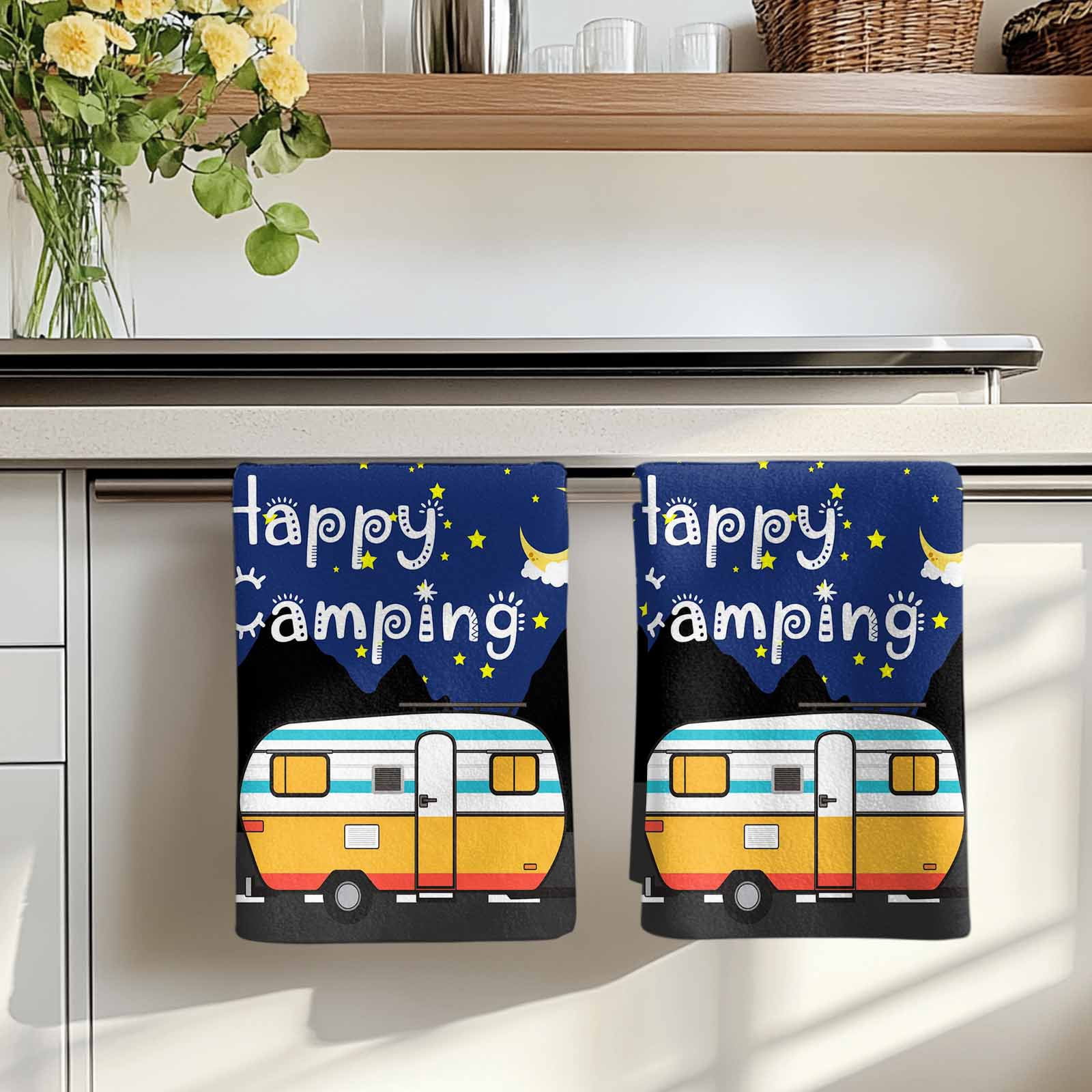 Navy Blue Black Kitchen Towels Set of 2, Cartoon Truck Moon Stars Absorbent Dish Towels for Kitchen, Microfiber Hand Towel, Quick Drying Tea Towel for Cleaning Decorative Dishcloths