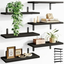Set of 6 Kitchen Wall Shelf Rustic Wood Floating Shelves for Living Room Bathroom Bedroom, 16 Inch Black