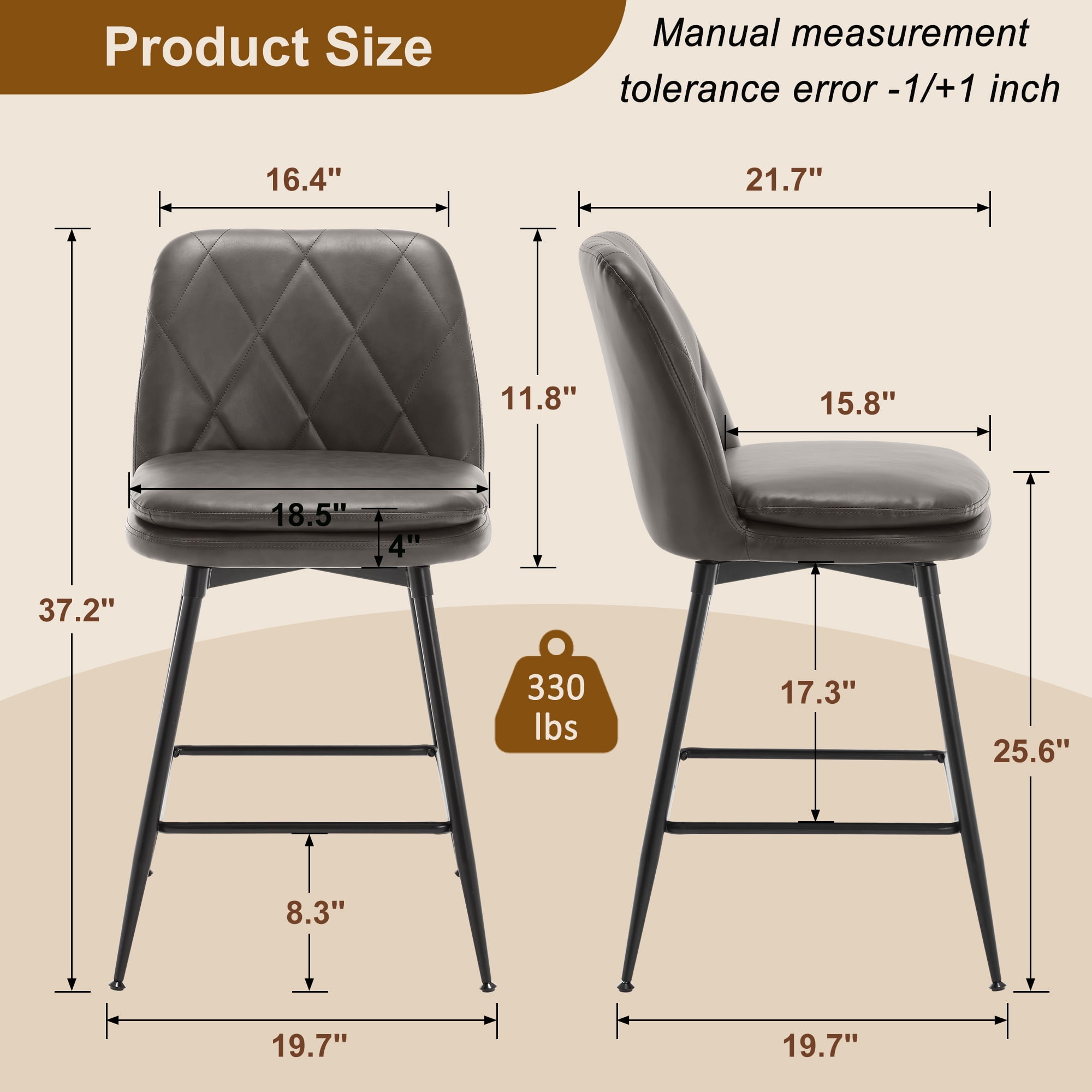 TEWLOSS 24" Counter Height Bar Stools Set of 2 Swivel Barstools Faux Leather Kitchen Chairs, Gray