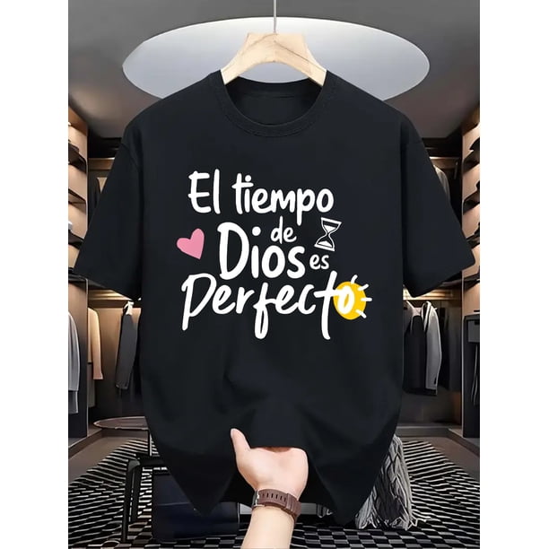 Men'S Casual Crew Neck T-Shirt with "El tiempo de Dios es Perfecto" Print, Slight Stretch, Regular Fit, Summer Top for Daily Wear