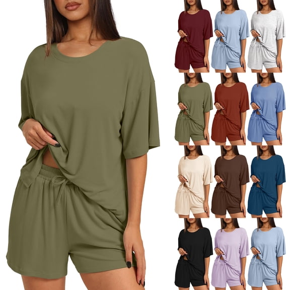 Kixjoy Green Shorts Sets Women 2 Piece Outfits Short Sleeve Sweatsuits Lounge Fall Sweat Shorts Sets Classic Lightweight Loose Fit Womens Sweatsuit with Pockets, Army Green L