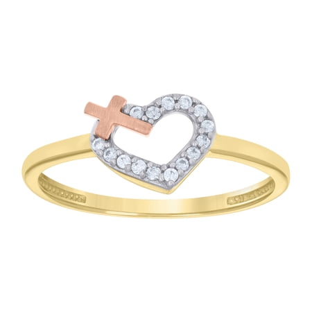 14k Tri-Color Gold Womens Cubic-Zirconia Cross Heart Ring