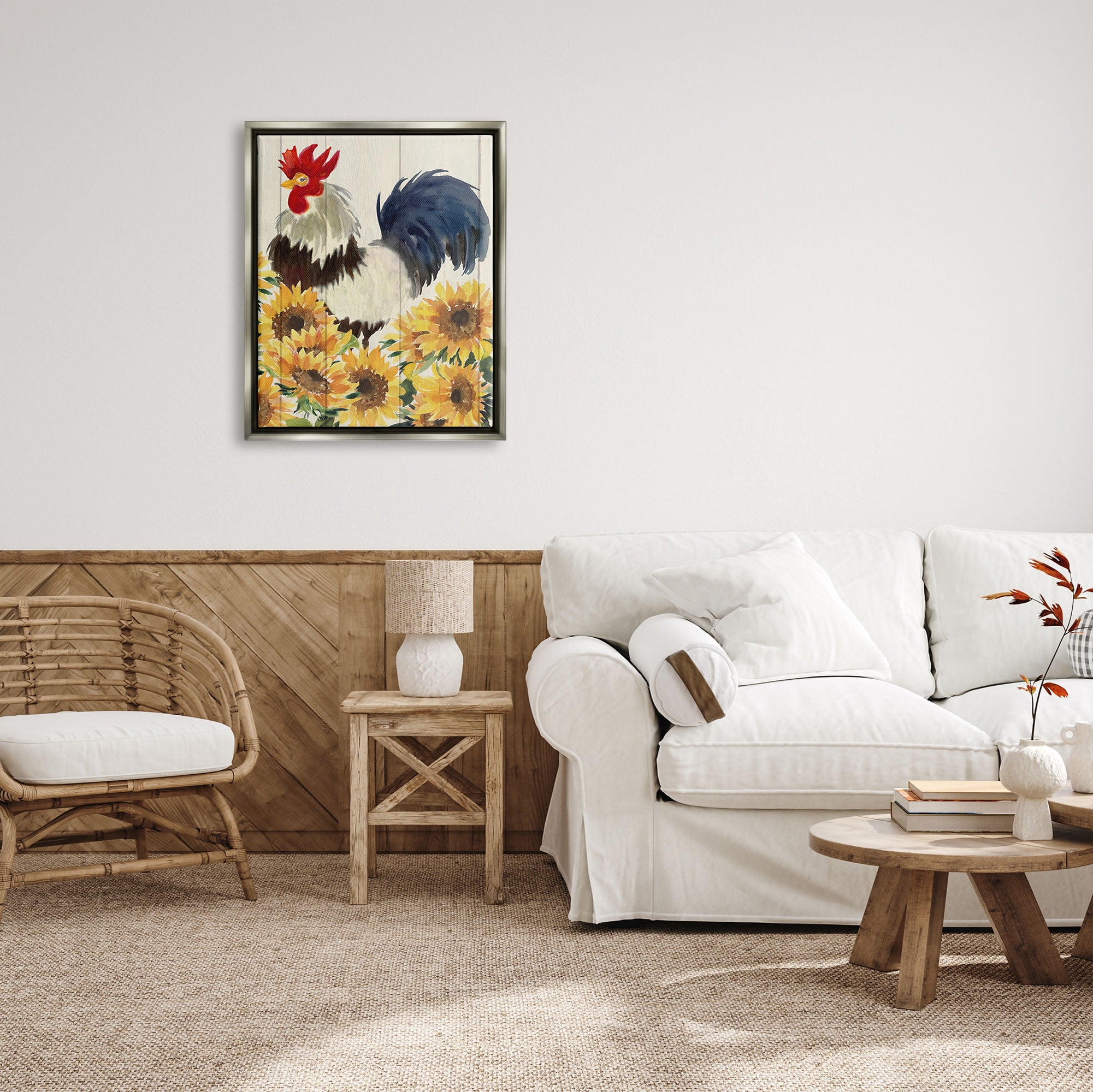 Stupell Industries Country Rooster & Sunflowers Animals & Insects Painting Gray Floater Framed Art Print Wall Art, 25 x 31