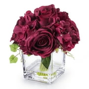 Enova Home Artificial Silk Hydrangea and Rose Fake Flowers Arrangement in Cube Glass Vase with Faux Water for Home Office Wedding Party Decoration (Burgundy)