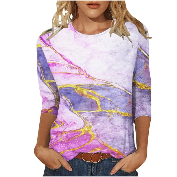 Camisas Para Mujer, Cuello Redondo, Camisetas Casuales, Camiseta Estampada A La Moda, Blusa de Manga 3/4 de Longitud Media Odeerbi ODB123690