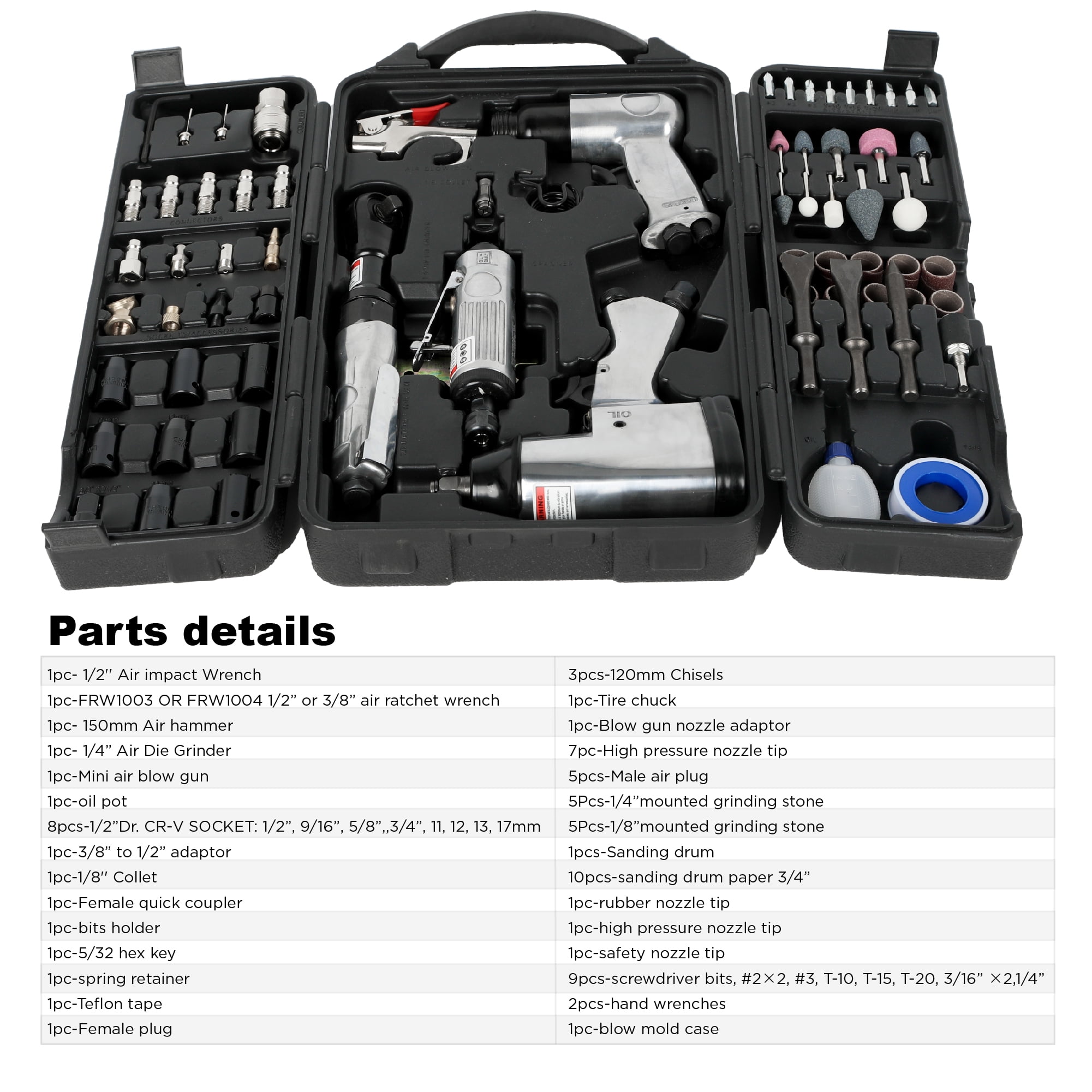 Complete 71-Piece Air Tool and Accessories Kit with Impact Wrench, Air Ratchet, Die Grinder and Air Hammer, Pneumatic Tool Set with Case